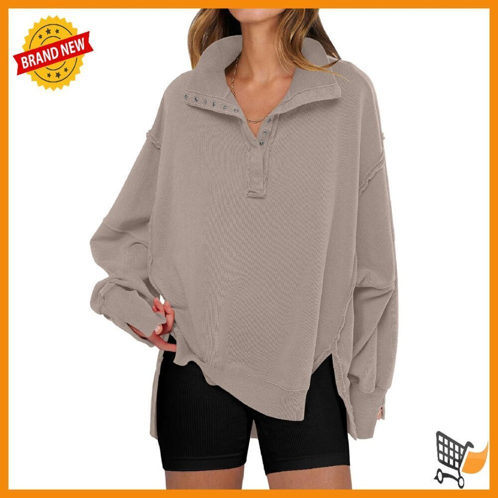 Oversized Henley Sweatshirt, Rayon Polyester Blend, Casual Pullover Top